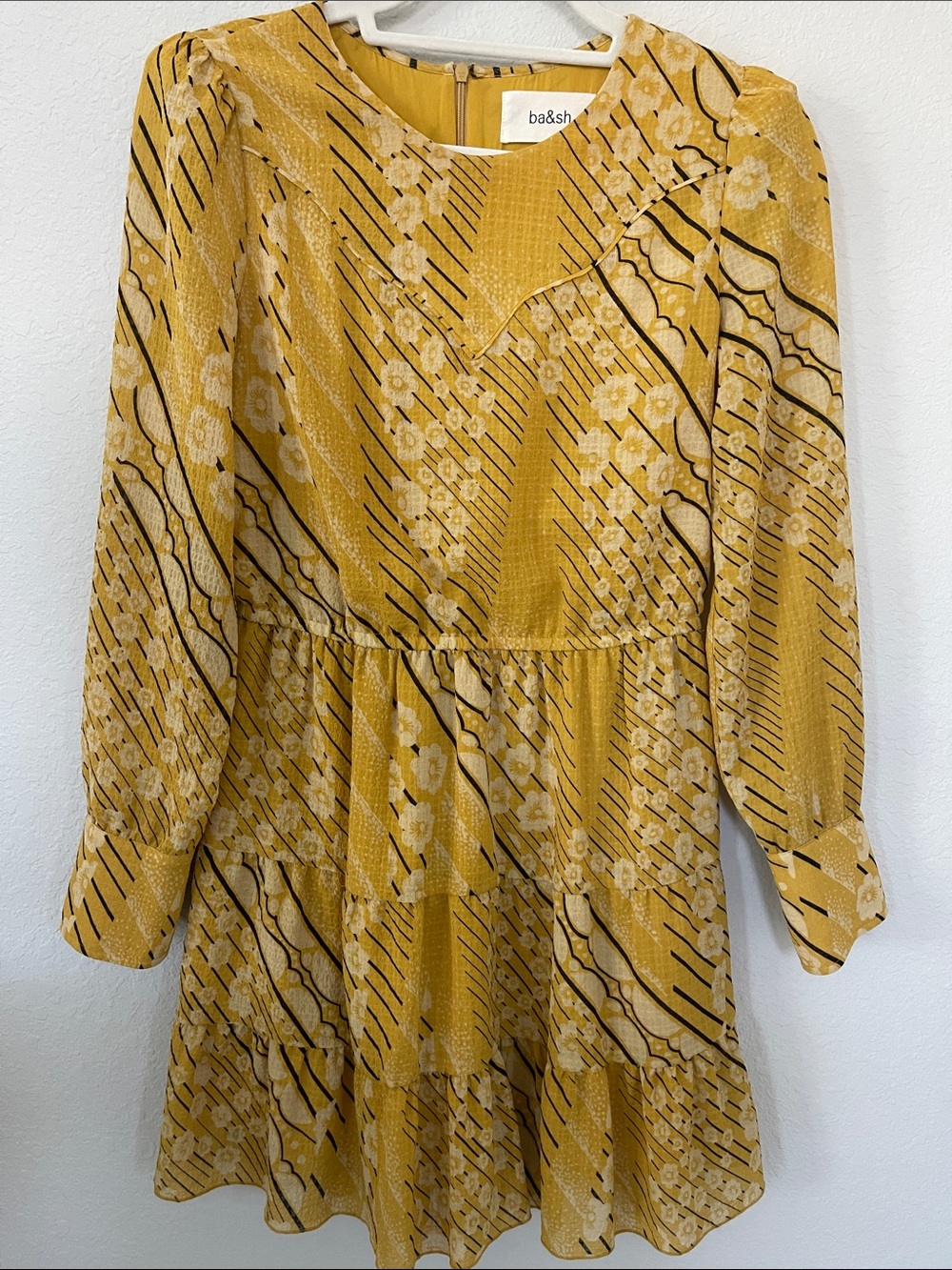 Ba&sh Ophe Floral-Print Crew Neck Puff Long Sleeve Tiered Mini Dress Size XS (4)